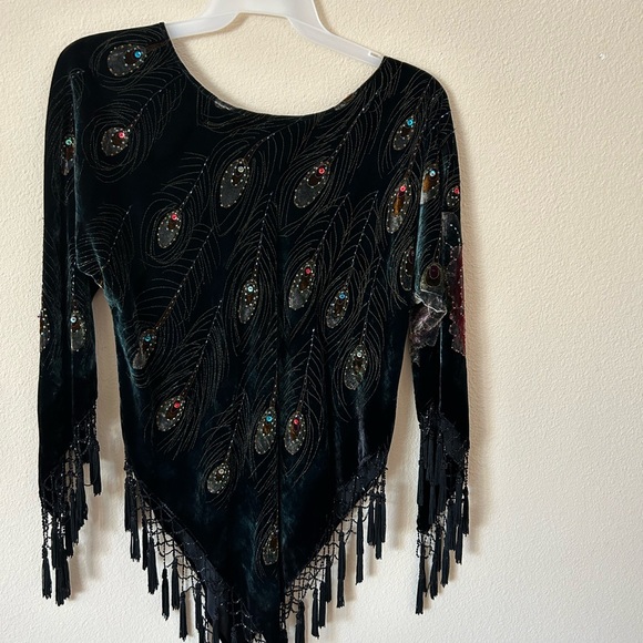 Gorgeous Blouse Tops Poncho Style Rich Velvet, Peacock embroidery beaded tassels - Picture 8 of 9